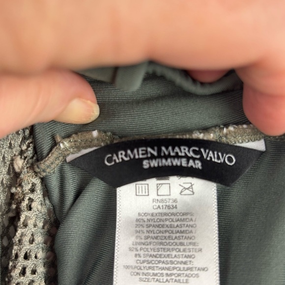 Carmen Marc Valvo One piece Olive Green Mesh Stripe panels Size 6 Summer Beach - Picture 10 of 13